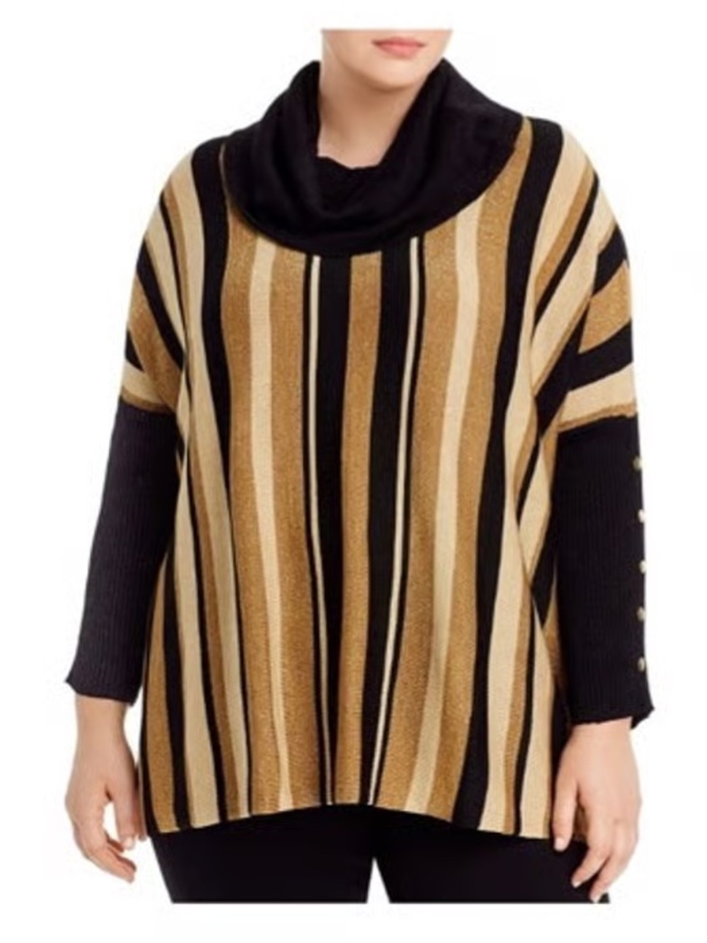 Joseph A Black and Gold Striped Cowl-Neck Poncho Sweater